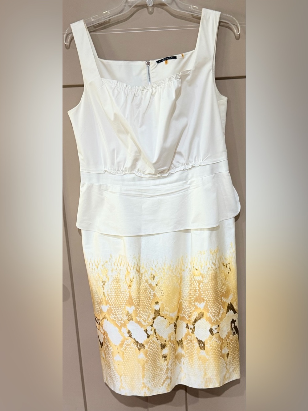 Elie Tahari White and Yellow Snake-Print Peplum Midi Dress